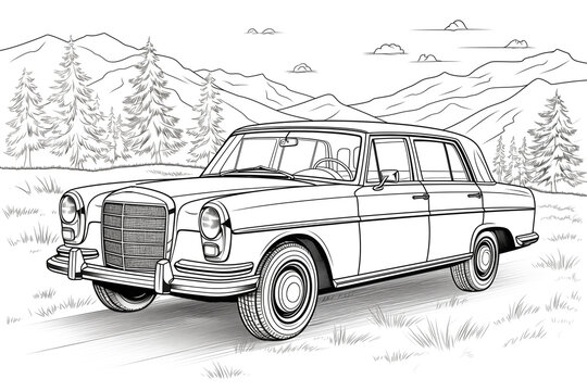 Vintage car hand drawn ink sketch