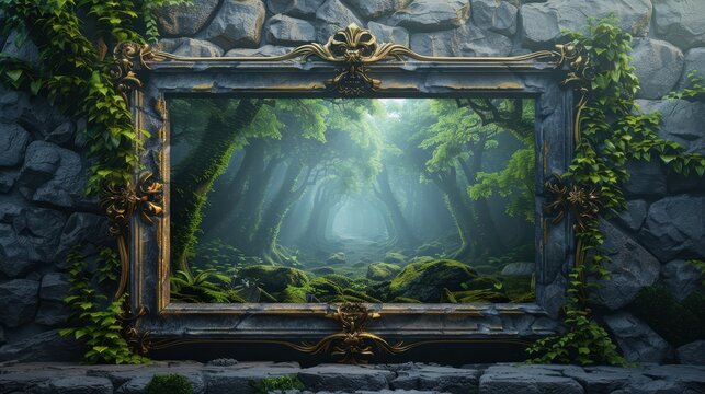 Fototapeta Mystical forest view through an ornate frame on a stone wall, with lush greenery and magical light. A window into an enchanted world.