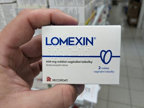 Prague, Czech Republic - July 10 2024: LOMEXIN VAGINAL CREAM box of medication with FENTICONAZOLE active substance by RECORDATI, used for treatment of vaginal and skin fungal infections.