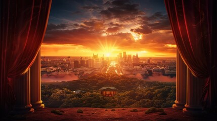 Stunning cityscape sunset viewed through grand curtains, showcasing vibrant colors and dramatic lighting over an urban horizon.