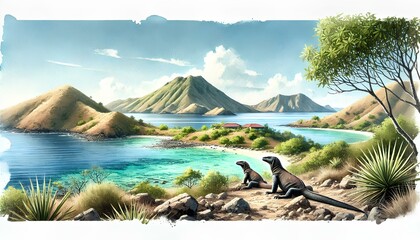 Naklejka premium Watercolor of Komodo Island with green hills, clear waters, and blue sky, no people.