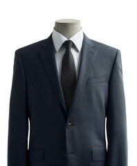 Professional dark blue suit with tie on mannequin against plain background. Perfect for business, corporate, and formal use.