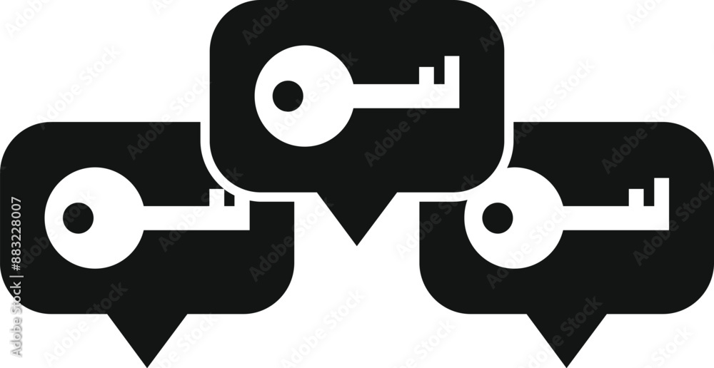 Poster black and white icon of three speech bubbles with keys inside, representing a conversation about cyb