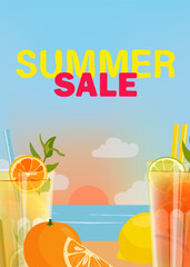 Sunset on the ocean with beach and cocktails. Summer sale bright card.