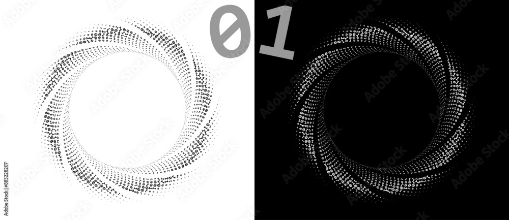 Poster numbers one and zero in a spiral. big data or chaos concept, logo or icon. black shape on a white ba