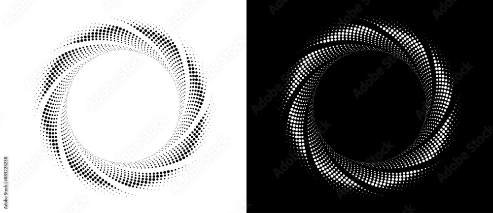 Leinwandbilder Abstract background with halftone dots spiral. Modern circle dotted pattern. Futuristic concept. Black shape on a white background and the same white shape on the black side.