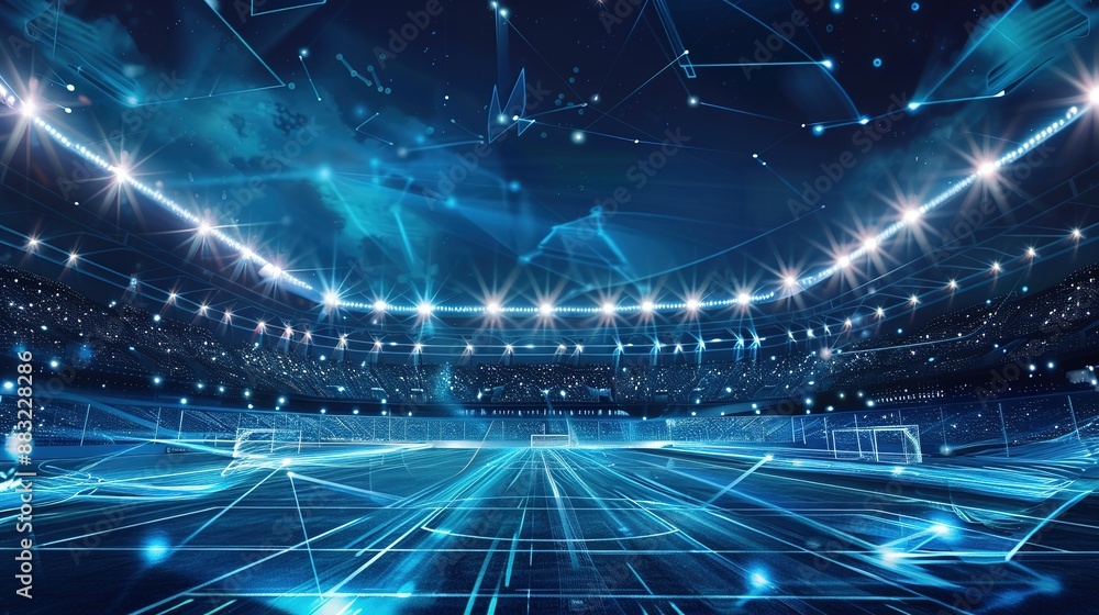 Poster illuminated stadium field with abstract digital network pattern