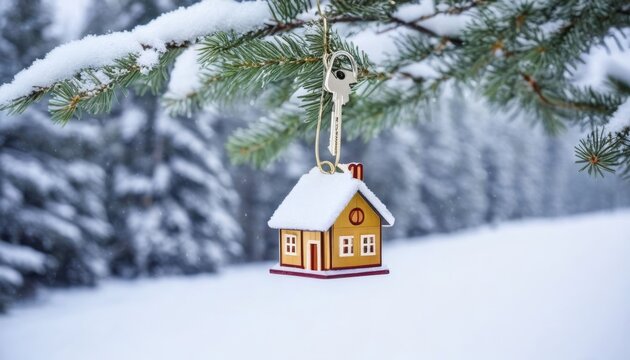 hangs concept winter shaped key gift house real forest property key background home winter real estate renting snowy landscape background moving copy space home estate property toy concept christmas t