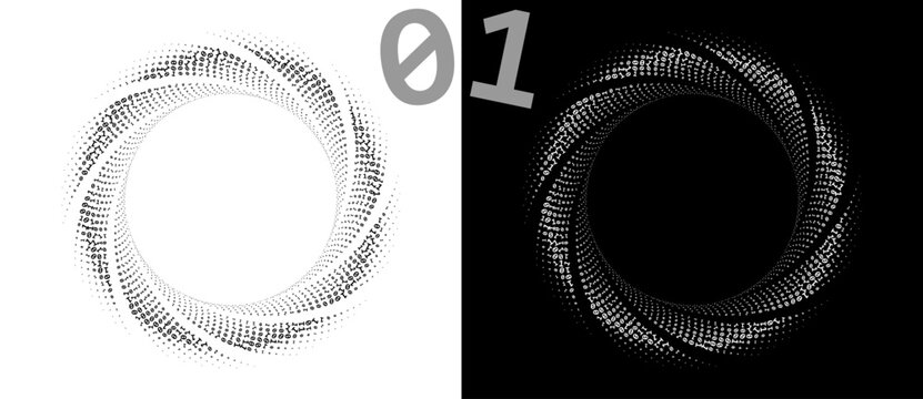 Numbers ONE and ZERO in a spiral. Big data or chaos concept, logo or icon. Black shape on a white background and the same white shape on the black side.
