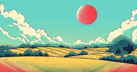 Fototapete Rund Scenic countryside landscape with rolling hills and bright red sun © Arbystudio