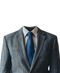 Headless suit with blue tie, showcasing business attire and professional clothing isolated on transparent background.