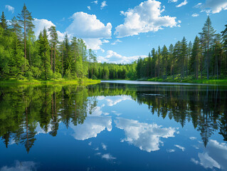 Fototapeta premium Tranquil Summer Day on a Finnish Lake Surrounded by Lush Green Trees