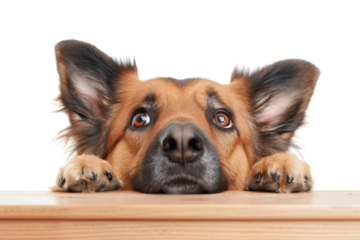 Adorable dog with sad eyes peeking over wooden table, looking cute and hopeful. Perfect for pet-related themes and emotional depictions.