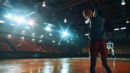 Basketball player practicing on indoor court with dramatic lighting and empty seats, capturing the intensity and focus of the game.