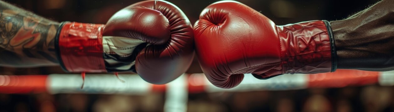 Close-up of two boxers touching gloves before a match, respect and sportsmanship in a professional boxing ring.
