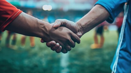Two athletes in sports shake hands on the field, symbolizing sportsmanship, teamwork and fair play