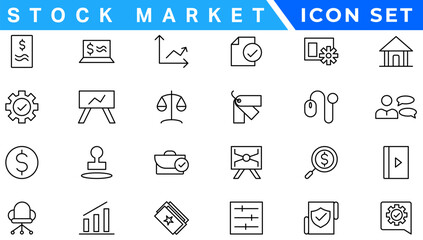 Stock market icons set with fully editable stroke thin line vector illustration with stock marketing, stock exchange, investment, shares, financial goals, bear marketing, trading, securities, money