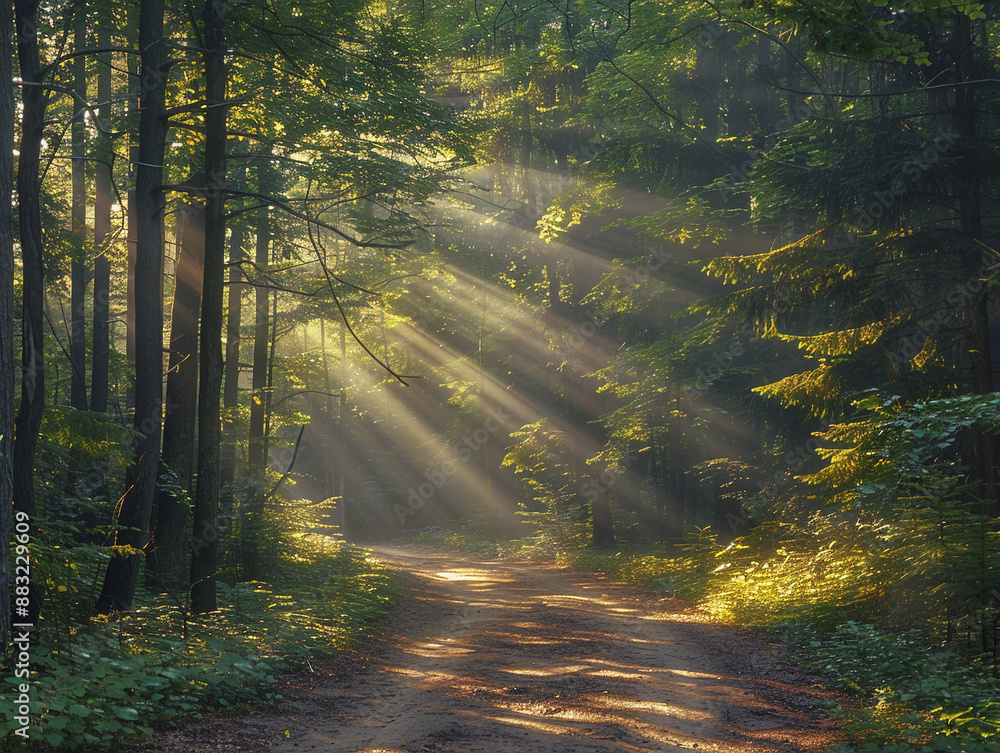 Poster sunbeams through the trees on a misty forest path