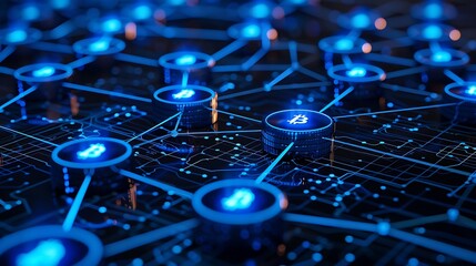 Obraz premium interconnected blockchain nodes, glowing blue lines and digital matrix background, representing secure and decentralized technology