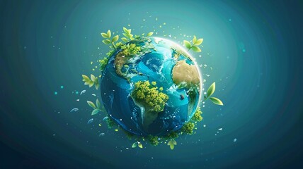 Naklejka premium Vibrant Earth surrounded by lush greenery and leaves in a serene, eco-friendly environment