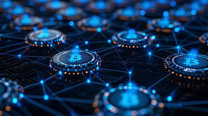 interconnected blockchain nodes, glowing blue lines and digital matrix background, representing secure and decentralized technology