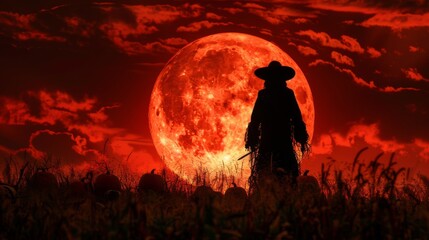 Halloween Witch Silhouette Under Blood Moon