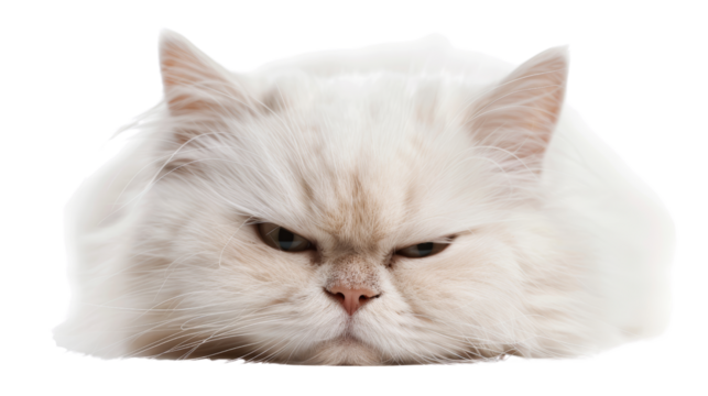 Close-up of a fluffy white Persian cat with a grumpy expression, isolated on a white background.