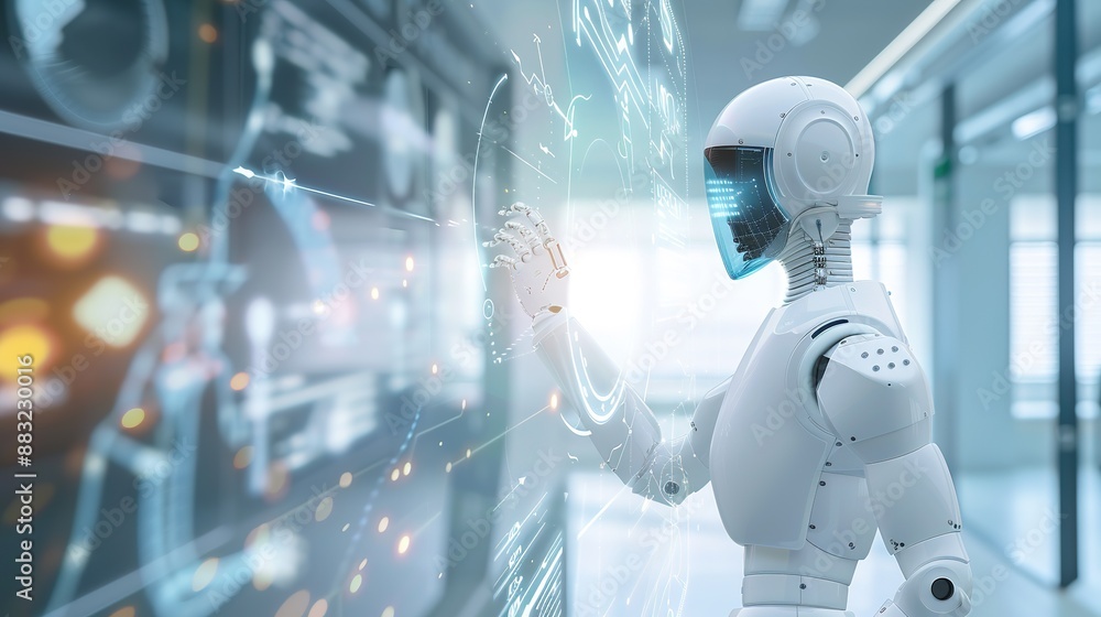 Poster white robot interacting with digital interface in modern office