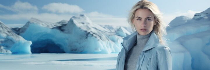 Beautiful nordic woman standing against a cool glacier blue and white backgorund with empty copy space for text and advertising, ai generated