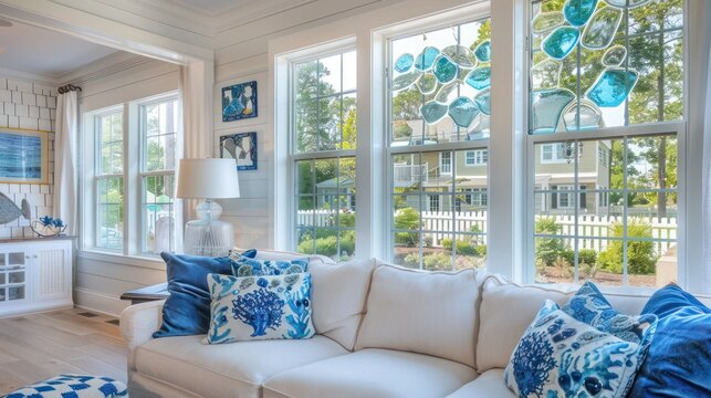 Suburban Cape Cod home with custom sea glass window panes, reflecting the coastal light and adding a touch of oceanic decor
