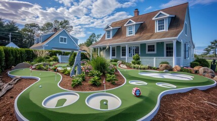 Suburban Cape Cod home with a themed miniature golf course in the backyard, featuring holes designed around local landmarks and coastal themes