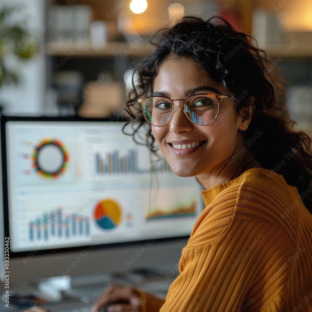 Poster a young woman with curly hair and glasses smiles while working on a computer with data charts and gr