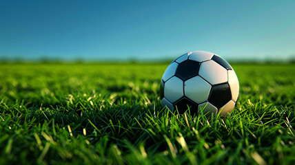 Fototapeta premium Soccer ball on green grass field under blue sky