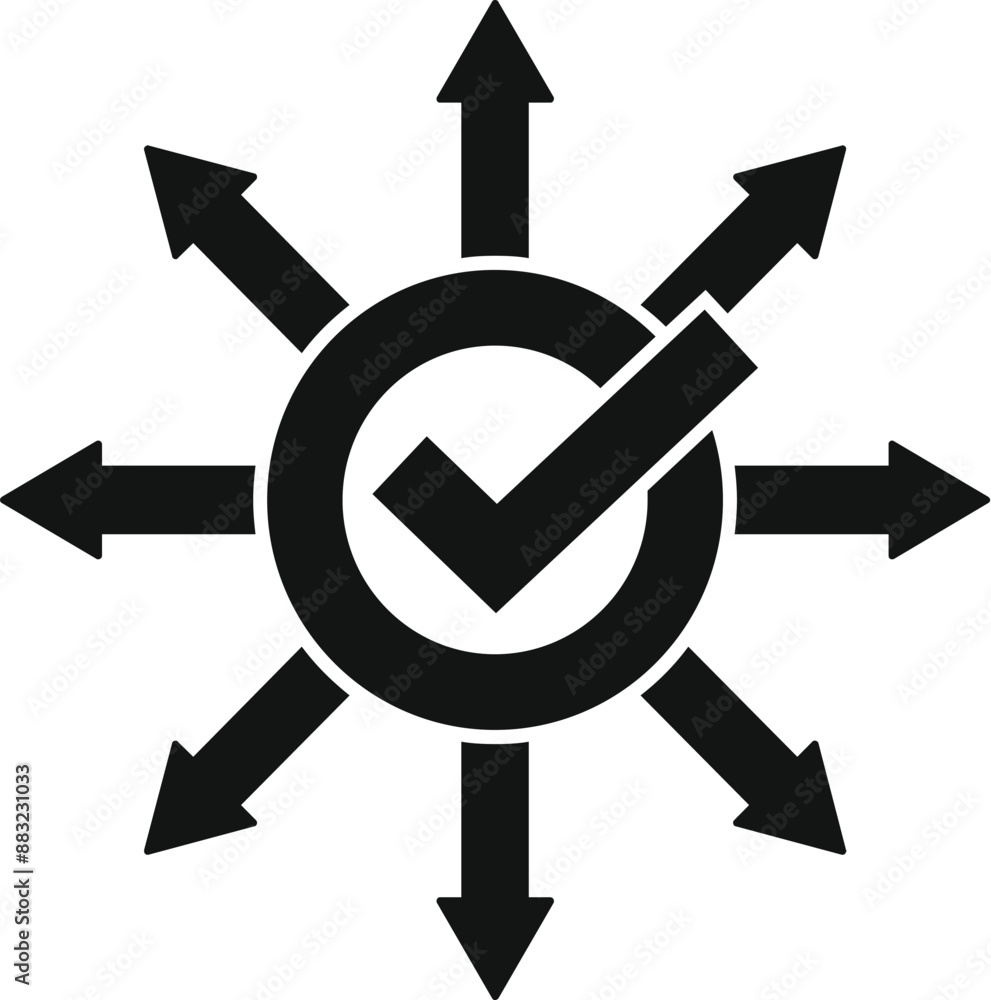 Poster checkmark expanding in eight directions symbolizing multitasking and efficiency