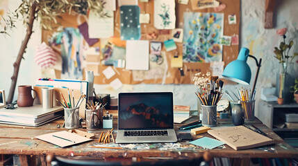 Creative Home Workspace with Laptop and Art Supplies