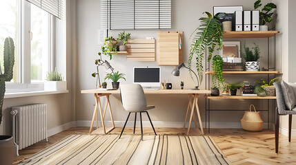 Well-Organized Home Office with Modern Desk and Plants