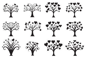 set of black silhouette love tree