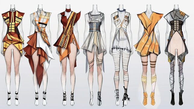Hand-Drawn Sketches of Eight Fashion Designs Featuring Asymmetrical Hemlines and Geometric Patterns