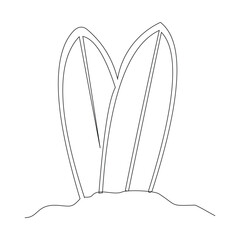 Continuous single one line surfing board standing up in sand beach summer time sketch drawing vector illustration