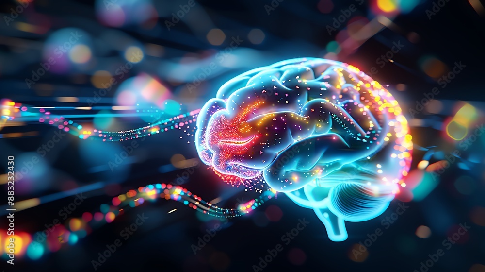 Poster colorful, glowing brain with neural connections, representing neural networks and artificial intelli
