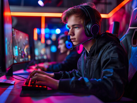 Young Gamer Focused on Computer Screen in Neon Lit Gaming Room