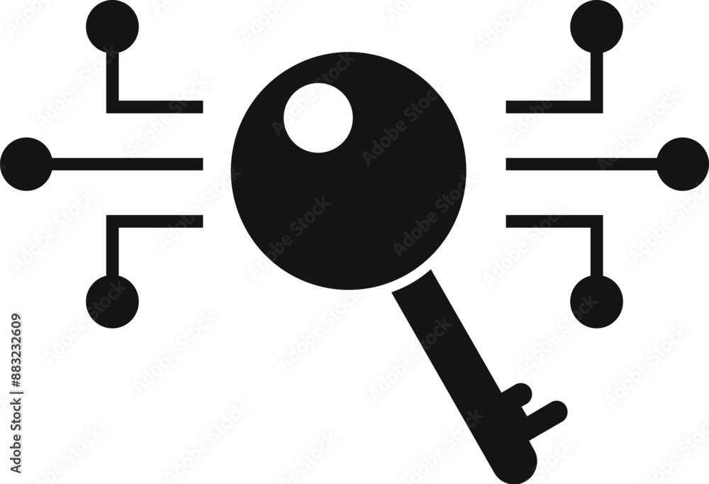 Poster black key connecting to digital network representing cybersecurity and data encryption