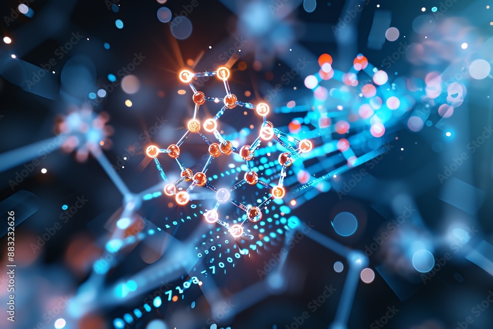 Poster futuristic molecular structure with glowing nodes and lines on a dark blurred background, representi