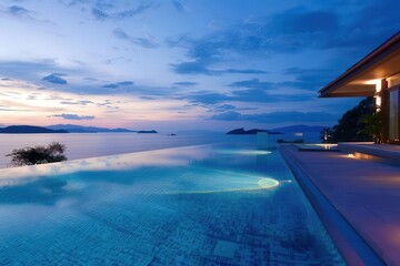 luxurious infinity pool overlooking a tropical coastline at twilight soft ambient lighting creates a serene atmosphere blending the pools edge with the distant horizon