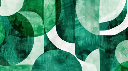 Abstract emerald green and white retro 70s overlapping shapes watercolor concept texture