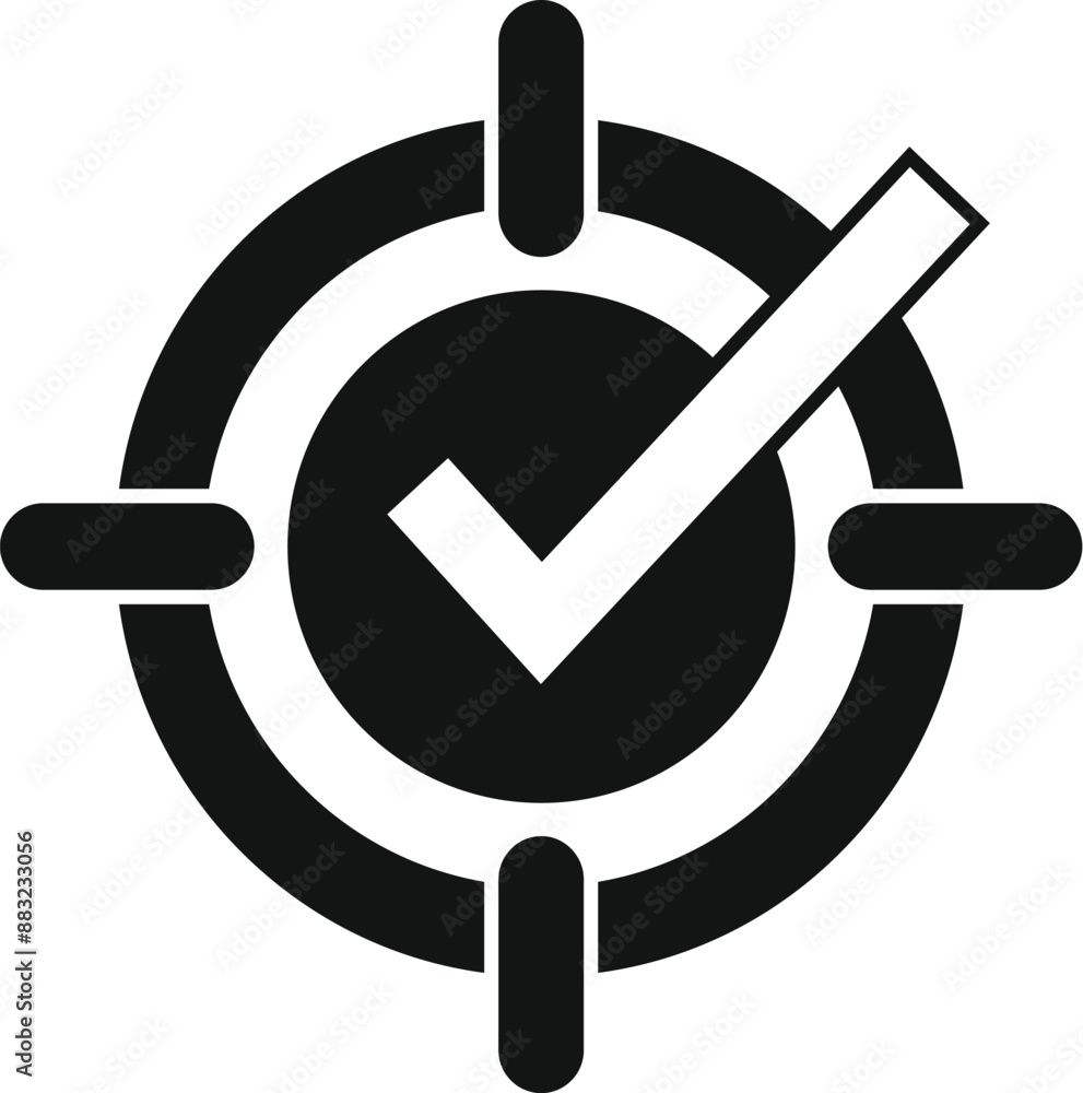 Poster black and white icon of a check mark symbol inside a target representing achieving a goal