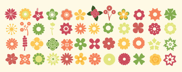 Flower icons. Flower silhouettes. Symbol of floral design. Pattern of daisy, rose and chamomile. Set of cartoon simple graphic shape isolated on white background. Vector.