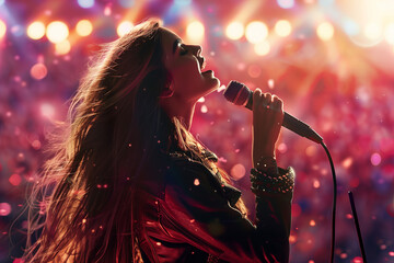 beautiful female pop star singer performing energetically in a packed stadium, captivating the audience with her music and stage presence. Perfect for illustrating live music event