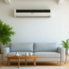 A modern, minimalist living room features a light grey sofa positioned against a white wall, beneath a mounted air conditioner.