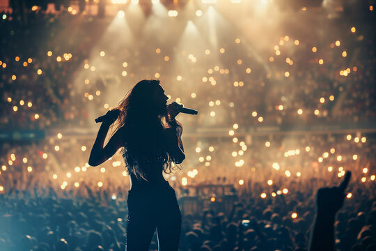 talented female pop star singer delivering an electrifying concert performance in front of a massive crowd at a stadium, showcasing her charisma and musical prowess. Ideal for prom